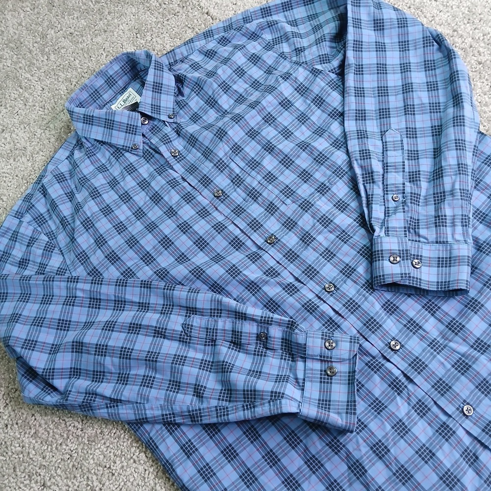 LL Bean Mens Traditional Fit Plaid Button Down Shirt Blue Cotton Medium 288292